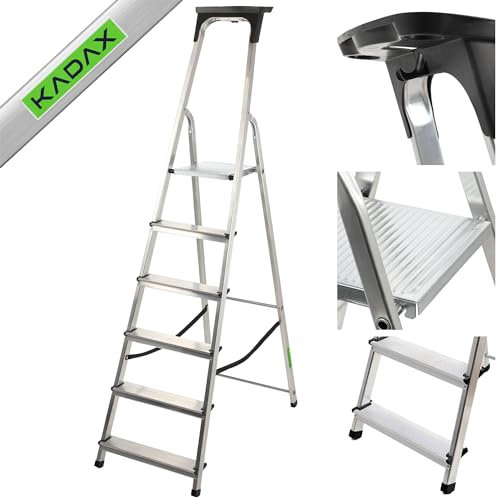 KADAX Aluminiumleiter, Stehleiter bis zu 125 kg, Stufenleiter, Klapptritt für Senioren, Alu-Sicherheits-Stehleiter, klappbare Leiter mit Ablage, Aluklappleiter, Aluleiter (6 Stufen)