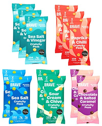 BRAVE Roasted Peas: Healthy Snack, High Protein, Low Calorie - Variety 12 Multipack (12 x 35g Packs)