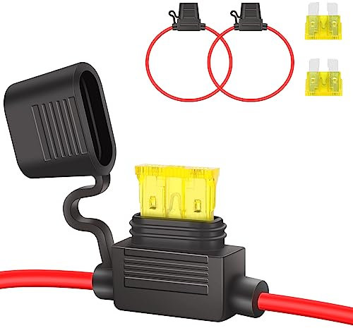 JatilEr Portafusibili in Linea Standard 12 V, 2 Pezzi, a Lama 14 AWG, Impermeabile in Filo di Rame Con Fusibile 20 A per Auto/Camion/Moto/Barca