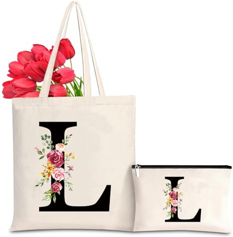 Personalizzata Iniziali Borsa Tela Donna con Lettere e Fiori - Shopper in Cotone Canvas, Cosmetica per Sposa Damigella - Regalo per Migliore Amica Mamma Anniversario Compleanno (L)