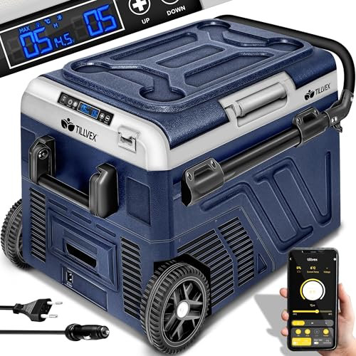 tillvex® Kompressor Kühlbox elektrisch 40-60 Liter | Elektrische Gefrierbox WIFI-APP-Steuerung 12/24 V 230V | Kühlschrank bis -20 °C für Auto, Lkw, Camping (Navyblau, 60 Liter)