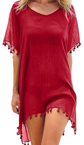Hanaoops Mujer Suelto Vestido de Playa V Cuello Gasa Ropa de Baño con Borla Verano Traje de Baño Bikini Cover Up para Playa Chic Loose Semitransparente Camisolas y Pareos Vestido