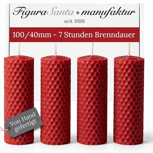 Figura Santa® Set di 4 Candele di Cera d'Api Rosse, 10 x 3,8 cm, a Nido d'Ape, 100% Biologiche, Fatte a Mano, per Natale, al Miele