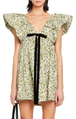 hibshaby Women Floral Print Mini Dress V Neck Puff Sleeve Dress Short Babydoll Bow Dress, Printed Green, M