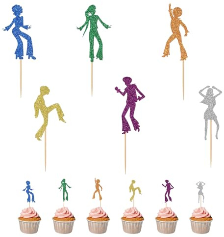 24 topper per cupcake da discoteca, 70 glitter per discoteca, decorazione per torte, persone danza, cake toppers, picks per ballo, musica, tema, feste, feste di compleanno, festa di nozze