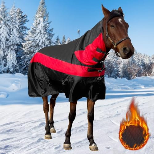 Horse Turnout Blanket,1600D Waterproof Medium Weight Winter Blanket for Horse,(220g Filling) with Detachable Neck Cover, Horse Blanket for Real Horses