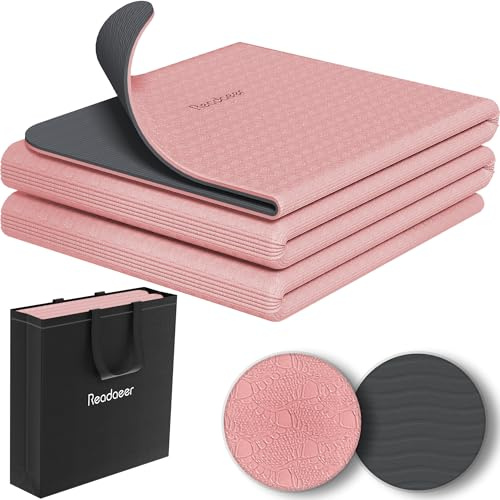 Tappetino da yoga pieghevole da viaggio, spessore 6 mm, tappetino antiscivolo in TPE per esercizi di pilates, 182,9 cm di lunghezza x 61 cm di larghezza x 0,6 cm (rosa + grigio scuro)