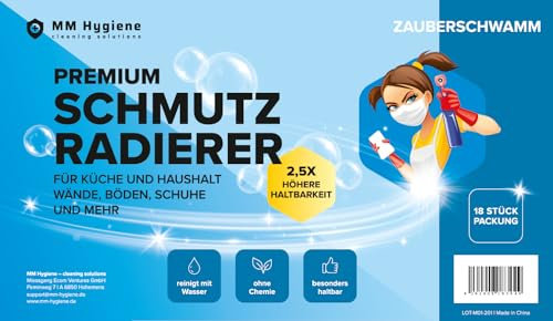 MM Hygiene® Schmutzradierer – 18 Stück Packung – Melamin Schwamm für Wände, Schuhe und Böden – Robuster Zauberschwamm Magic Eraser für alle Arten von Flecken