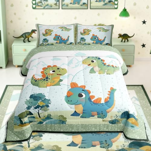 Feelyou Cartoon Dinosaur Kids Comforter Set Toddler Size Tree Pattern Bedding Set Cute Cartoon Duvet Quilt for Kids Boys Girls Bedroom Decor Microfiber Ultra Soft Breathable