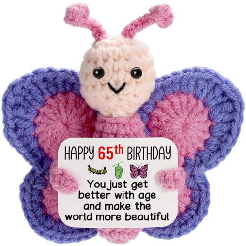 WEYON 65th Birthday Gifts for Women, Tiny Crochet Butterfly Plush with Pink Purple Wings Holding Positive Note, Happy 65th Birthday Decoration & Gift for 65 Year Old Women