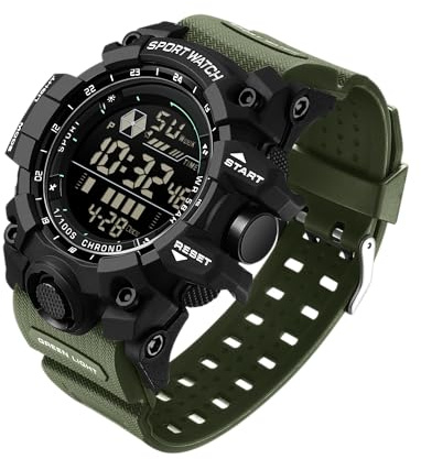 BIEWO Orologi militari da uomo, orologio sportivo digitale, impermeabile, sveglia, data, orologio da polso tattico LED, sveglia, cronometro per uomo, Nero verde, Cinturino