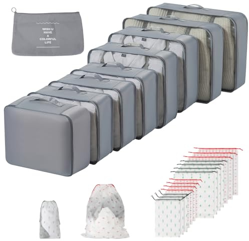 Freyeeti Organisateur Valise, Lot de 17 Organiseurs de Bagage pour Voyage, avec sacs de rangement, sacs à vêtements, sac à cosmétiques, sac à chaussures, organiseur de valise, pour voyage en famille
