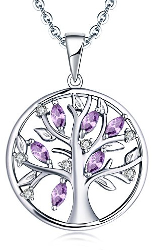 JO WISDOM Tree of Life Necklace,925 Sterling Silver Family February birthstone Purple Amethyst Tree Coin Pendant Necklace