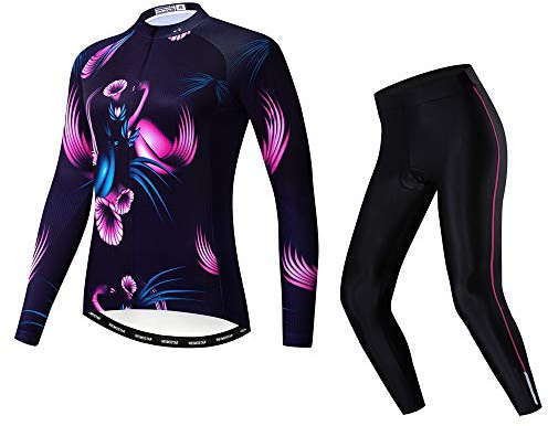 Weimostar Ciclismo Jersey conjuntos de manga larga para mujer Mountain Bike Jersey pantalones traje zip Camisas Road Bicicletas ropa deportes carreras MTB Tops para damas mujer Bouse otoño púrpura L