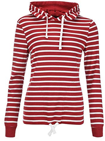 modAS Damen Kapuzenshirt Langarmshirt gestreift - Kapuzenpullover Streifenshirt Ringelshirt mit Kapuze aus Baumwolle in Rot-Melange/Weiß Größe 40