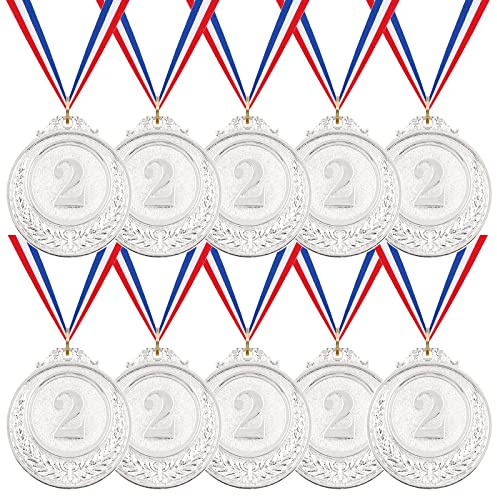 Swpeet 10 medallas ganadoras de plata, 2 medallas de premio con cinta para el cuello, medallas de estilo olímpico, premios para competiciones, decoraciones de fiestas, abejas ortográficas y premios