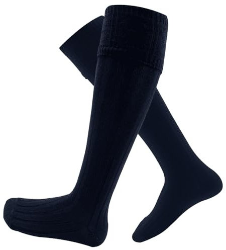 Chaussettes de kilt en laine pour homme fabriquées en Écosse pour les occasions traditionnelles écossaises, mariages, promenades de kilt, jambières Highland Wear, bleu marine, L-XL