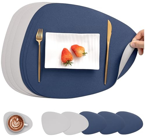Myir JUN Leather Table Mats and Coasters, Placemat Round PU Waterproof Dual-Sided Kitchen Place Mats Coffee Mats Non-Slip Washable Placemats and Coaster Sets 6 (Set of 6, Gray Blue)