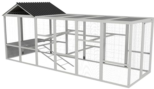 PawHut Wooden Chicken Coop Run for 6-10 Chickens, Hen House, Poultry Cage Add-On with Storage, Perches, 141.75 x 48 x 61, Gray