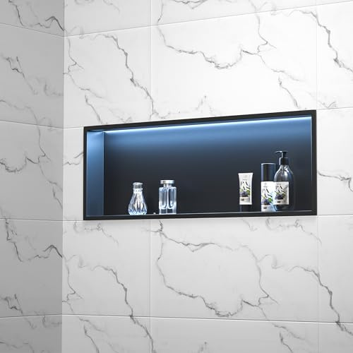 Bernkot Stainless Steel Shower Niche Matte Black 12 X 36 Led Shower Niche with RGB Light Waterproof Hardwired Dimmable No Tile Needed Recessed Wall Niches for Bathroom Storage