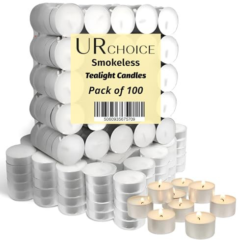 URChoice Premium Tealight Candles Pack of 100, Long-Lasting 4 Hour Burn Unscented Wax Tea Lights, Clean, Smokeless Flame, Ideal for Weddings, Christmas, Home Décor, Spa & Emergencies, Bulk Pack
