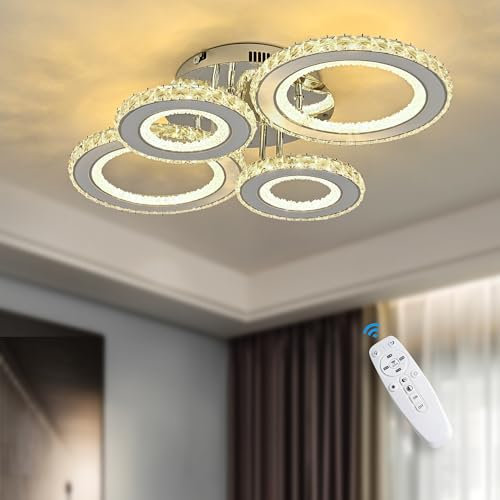 Naoeoon Led Deckenleuchte Kristall, Modern Deckenlampe Dimmbar mit Fernbedienung 4-Ring Deckenleuchten 70W Wohnzimmerlampe für Schlafzimmer,Küche,Flur,Lounge,Esszimmer,3000K-6500K