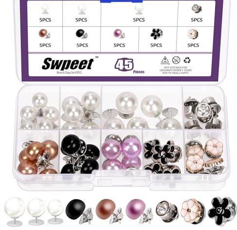 Swpeet 45Pcs 9 Styles No Sew Pearl Buttons Anti-Exposure Fixed Brooches Pearl Pins Women Shirt Brooch Buttons Cover up Button Pin Safety Brooch Buttons for Clothing Dress Sweater Shoes