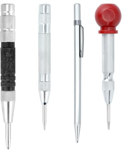 QWORK Juego de 4 herramientas automáticas de perforación central, incluye punzones centrales de 5 y 6 pulgadas, perforadora de carcasa de latón, bolígrafo cortador de marcas y azulejos y funda de