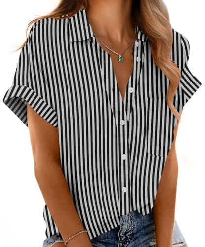 Mintreus Short Sleeve Blouses for Women Versatile Women’s Tops Dressy Casual with Pockets (Black Stripe-XL)