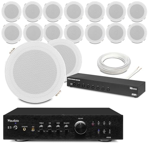 Power Dynamics 8-Zone Ceiling Speaker System Package - 16x Compact 5 Waterproof Speakers, Selector Switch, HiFi Stereo Amp & Installation Cable for Commercial and Home Audio Environments
