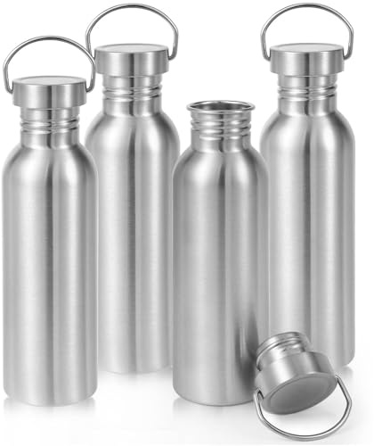Volhoply 26oz Uninsulated Single Walled Water Bottle 4 Pack, Stainless Steel Reusable Water Bottles with Handle, BPA Free & Plastic Free 18/8 304 Metal Water Bottles for Camping, Hikers, Cyclists