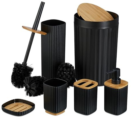 Relaxdays Set Accesorios Baño, Juego Completo Utensilios 6 Piezas, Conjunto WC, Plástico y Bambú, Negro y Natural