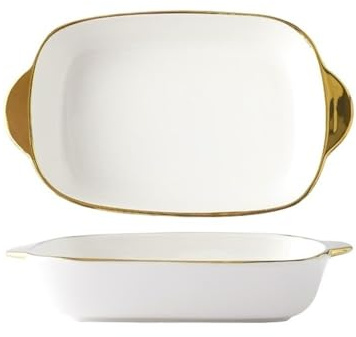 Fuente de cerámica para Hornear Exquisito Plato de cerámica con Doble asa for el hogar, Resistente a Altas temperaturas Fuente de Porcelana para cazuela(Blanco)