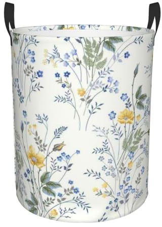 Blue Flower Floral Pattern Roses Print Collapsible Circular Laundry Hamper - Waterproof Canvas Basket With Handles For Kids Toy Storage, Dirty Clothes Organizer For Bedroom/Laundry Room