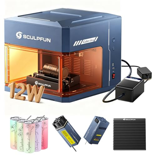 SCULPFUN iCube Ultra Máquina de grabado láser dual de diodo de 12W+ láser rojo de 1,2 W, máquina de grabado láser totalmente cerrada con rodillo de filtro de humo, placa de panal, kit de bomba de aire