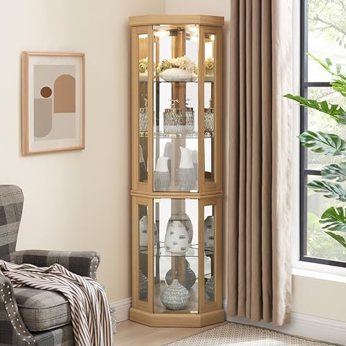 KEIKI 70 Corner Glass Display Cabinet with Adjustable Shelves, for Collectibles, Storage Curio Cabinet with Side-Hung Pane Doors, 5-Tier Showcase Display Case, Easy Assembly, for Living Room, Oak