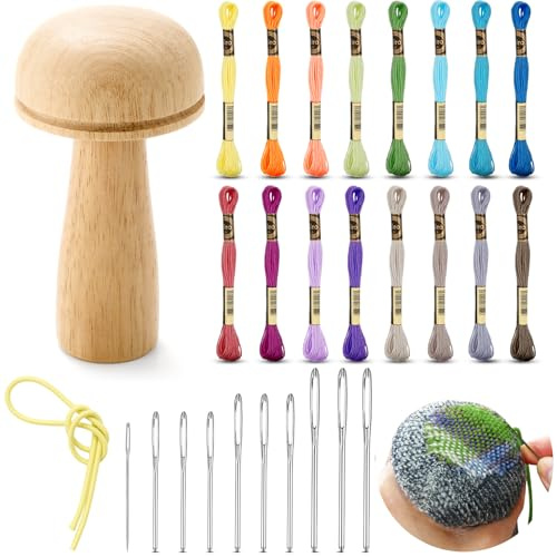 Jexine Darning Mushroom for Socks Wooden Darning Supplies with Large Eye Needles Sewing Threads for Socks Clothes Adults Darner DIY Craft Home Sewing Care (Multiple Color)