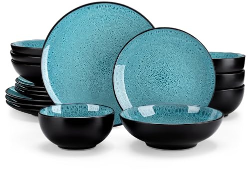 vancasso Bubble Green Dinner Set, 16 Pieces Dinner Sets for 4 People, Reactive Glaze Plates and Bowls Set in Vintage Look, Include Dinner Plates, Dessert Plates, Pasta Bowls and Cereal Bowl