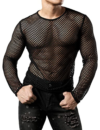 JOGAL Men's Mesh Fishnet Fitted Long Sleeve Muscle Top Medium WG04 Black