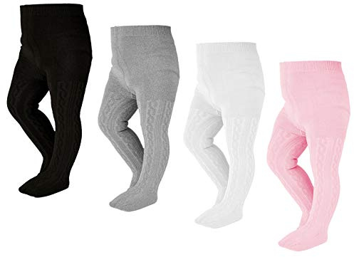 EPEIUS Toddler Girl Tights Baby Girls Boys Seamless Cable Knit Leggings Solid Cotton Tights Footed Pants for 12-24 Months 4 Pair,Black/White/Light Grey/Baby Pink