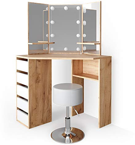 Vicco Frisiertisch für die Ecke Arielle, Goldkraft Eiche/Weiß, 110 cm mit LED Beleuchtung und Hocker