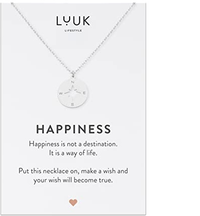 LUUK LIFESTYLE Precioso collar (50 cm ca.) de acero inoxidable con colgante de brújula y carta Happiness, amuleto de la suerte, cadena de la amistad, plata