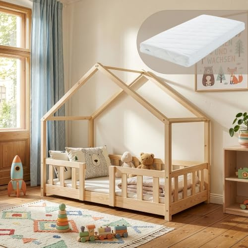 [en.casa] Lit d'enfant Cabane Treviolo 70 x 140 cm Lit Montessori en Forme de Maison avec Matelas Bois de Pin Naturel