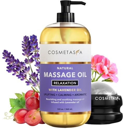 Cosmetasa Lavender Massage Oil for Massage Therapy with Roller - All Natural, Cruelty-Free & Spa Quality Skin Therapy Oil & Soothing Care - Lavender, Geranium & Grapeseed Oil (8.8 oz)