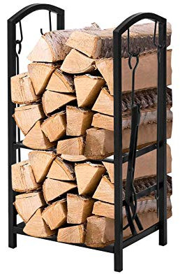 SoBuy SDA01-SCH Kaminholzregal mit 4-teilig Kaminbesteck Brennholzregal mit 2 Ablagen Kaminholzständer Feuerholzablage Feuerholzregal Kaminholzhalter BHT: 46x75x30cm