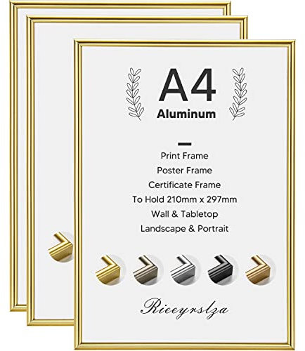 Rieeyrslza Aluminium Bilderrahmen 3 STK Dokumentrahmen 21x29,7cm A4 Fotorahmen Wand & Tischrahmen Foto Rahmen Poster Wand Bilderrahmen Geeignet Für Zuhause Schule Galerie(Gold)