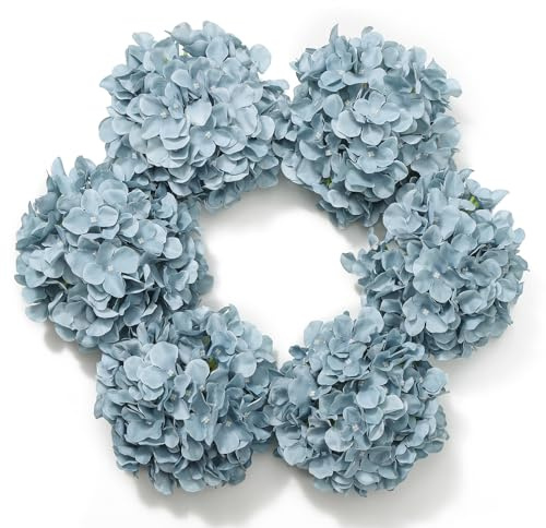 DuHouse Konstgjorda blomhuvuden med större sidenhortensior, blomhuvuden med stjälk, realistiska falska hortensior, blombuketter för bröllop, hem, fest, trädgård, mittpunkt, 6-pack (gråblå)