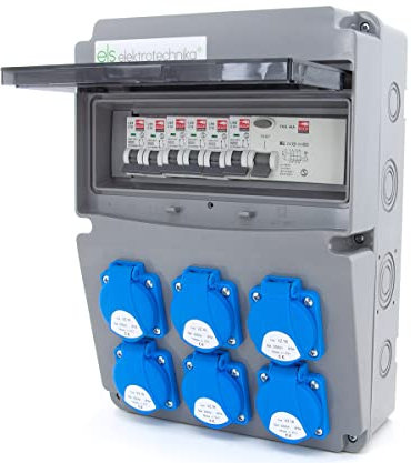 LS Elektrotechnika Répartiteur mural 230V 16A avec 6 prises 230V - Répartiteur de courant de construction - 11 broches - 1 fusible FI 40 A - 30 mA - 6 disjoncteurs de protection LS C16A…