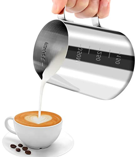 JOPHEK Pot à Lait 304 Acier Inoxydable, Pichet Lait Inox avec Marque de Mesure, Pichet à Lait Gravure Gradué à L'intérieur pour Faire Mousse le Lait, des Capuccinos, des Jus ou Autre (350ML)