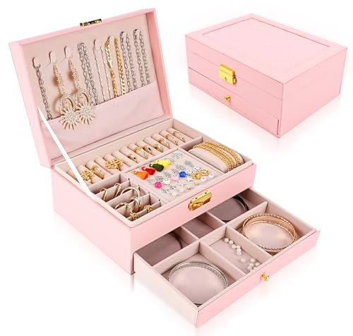 Weinsamkeit Scatole portagioie per Donna,Scatola di Gioielli a 2 Strati,chiusura a chiave Scatola di Gioielli in pelle impermeabile, per Anelli Bracciali Orecchini Collane Regali Orologi (Rosa)
